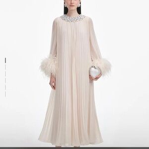Self-Portrait Cream Feather-Trimmed Dress
